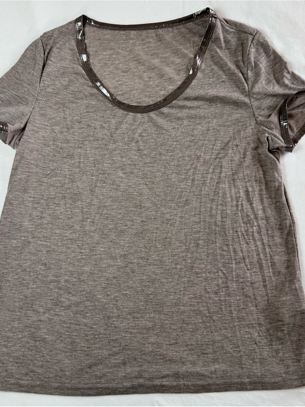 SHEIN Taupe Metallic Trim Scoop Neck Short Sleeve Top Size S 4 (C)